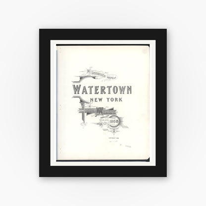 Old map wall art mockup — black gallery frame with white mat — Sanborn Fire Insurance Map from Watertown, Jefferson County, New York (1958), Sheet #0001