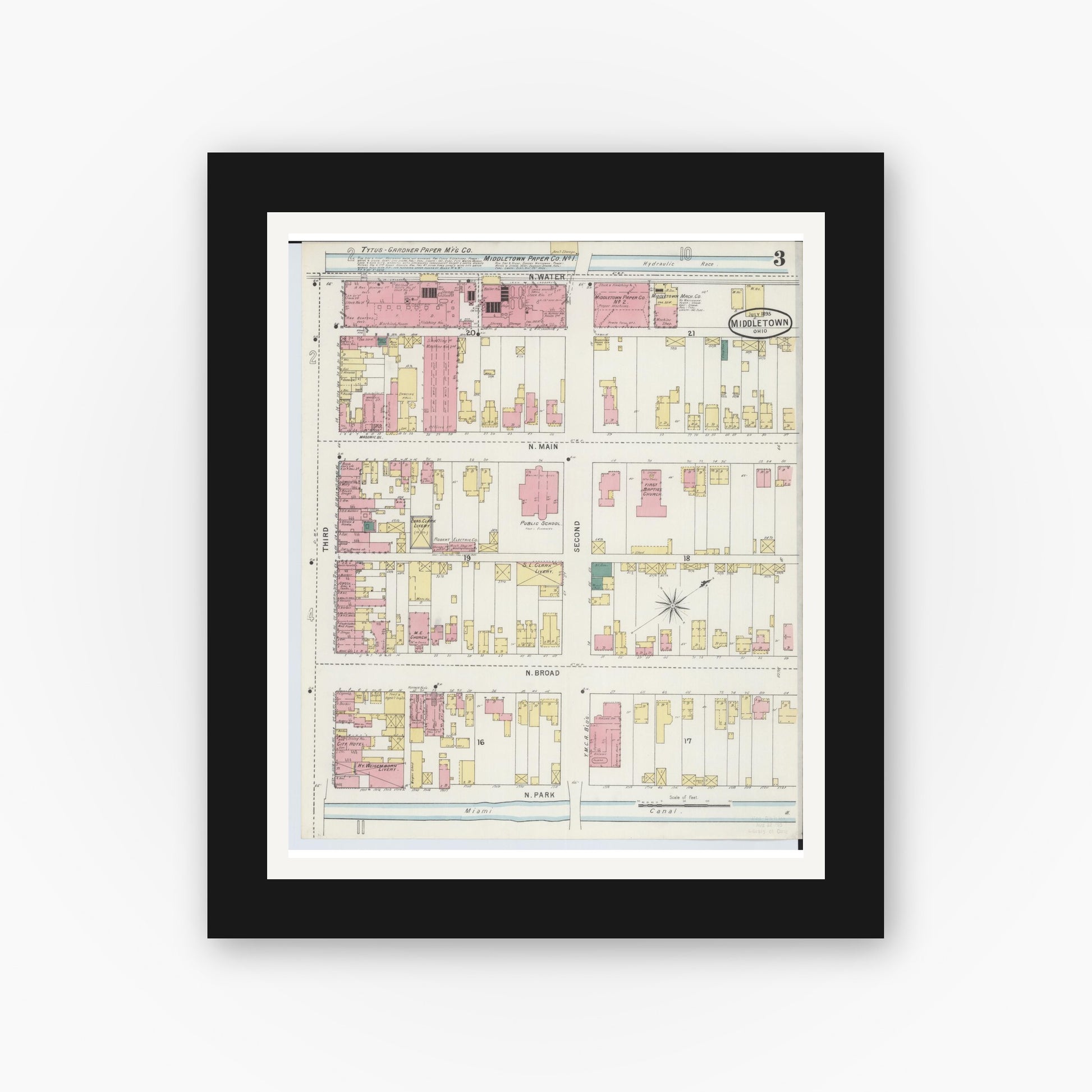 Old map wall art mockup — black gallery frame with white mat — Sanborn Fire Insurance Map from Middletown, Butler County, Ohio (1895), Sheet #0003