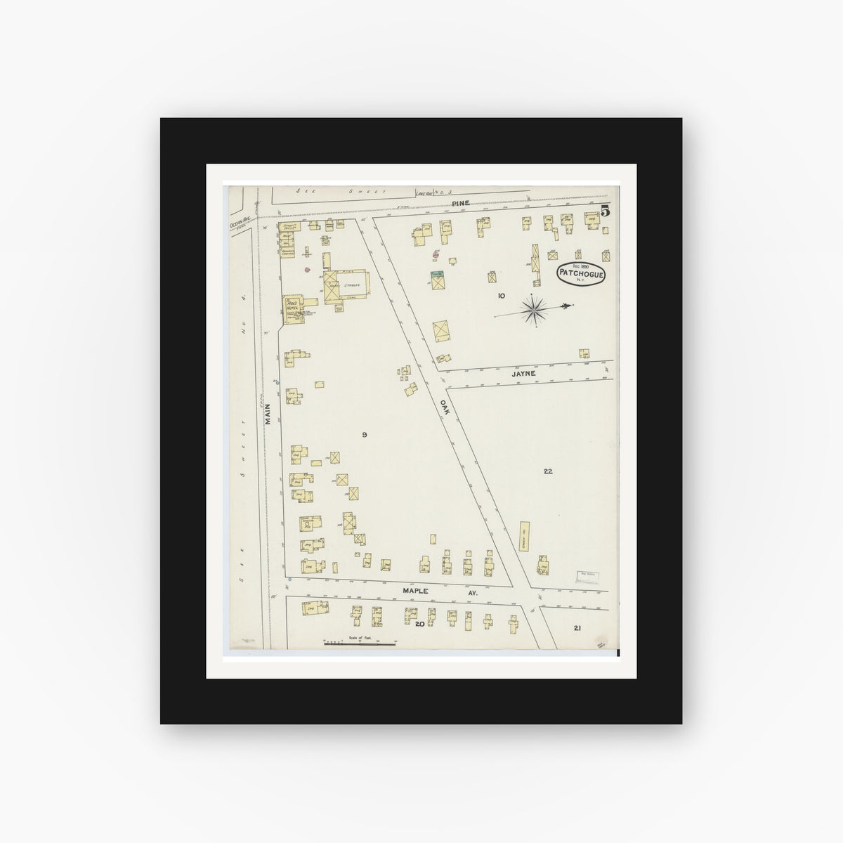 Old map wall art mockup — black gallery frame with white mat — Sanborn Fire Insurance Map from Patchogue, Suffolk County, New York (1891), Sheet #0005