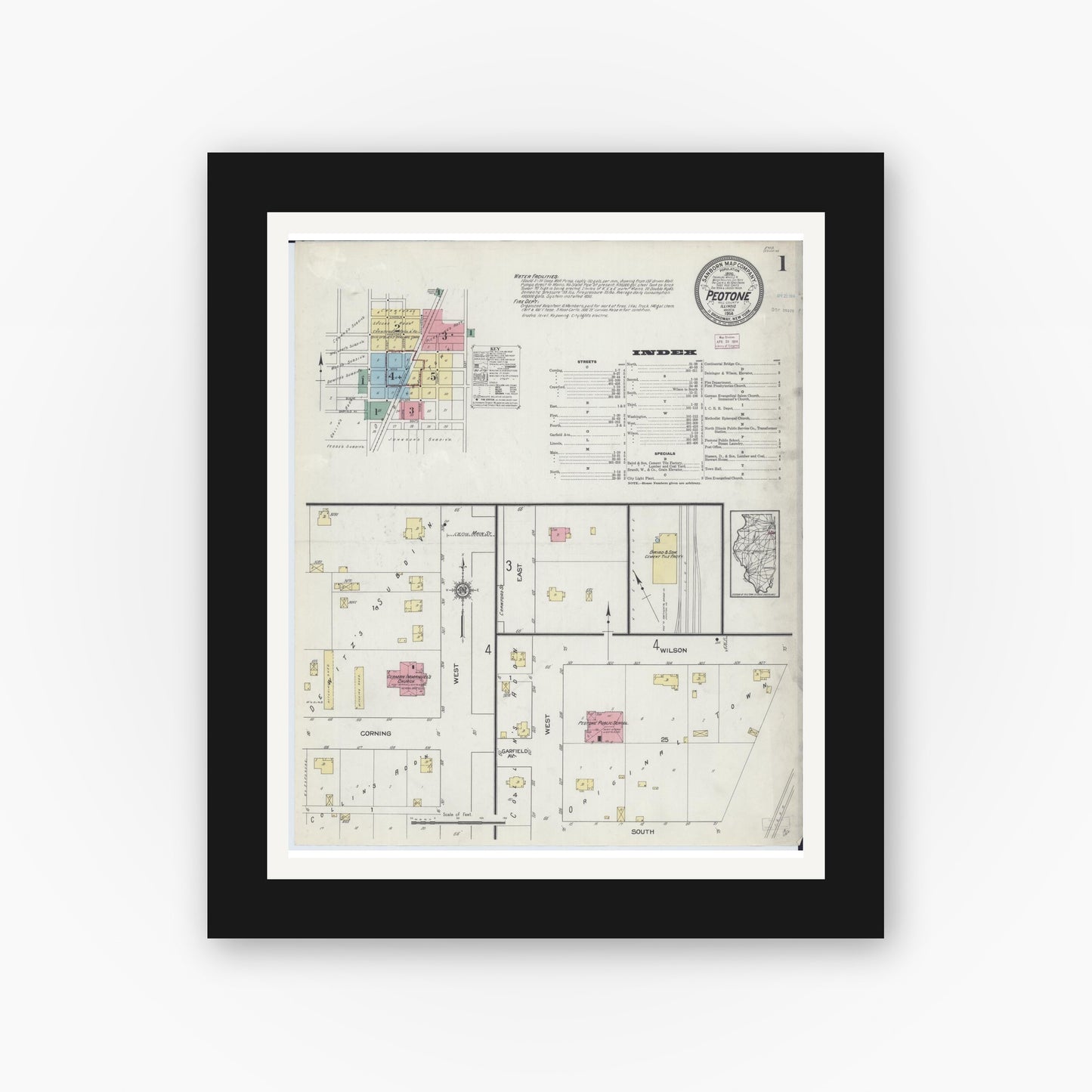Old map wall art mockup — black gallery frame with white mat — Sanborn Fire Insurance Map from Peotone, Will County, Illinois (1914), Sheet #0001