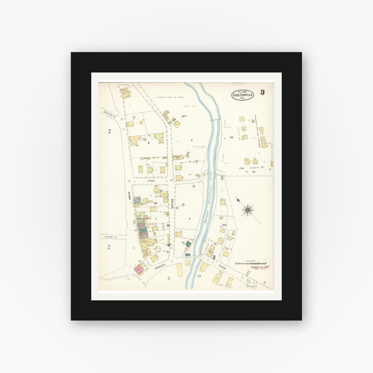 Old map wall art mockup — black gallery frame with white mat — Sanborn Fire Insurance Map from Coulterville, Mariposa County, California (1896), Sheet #0003