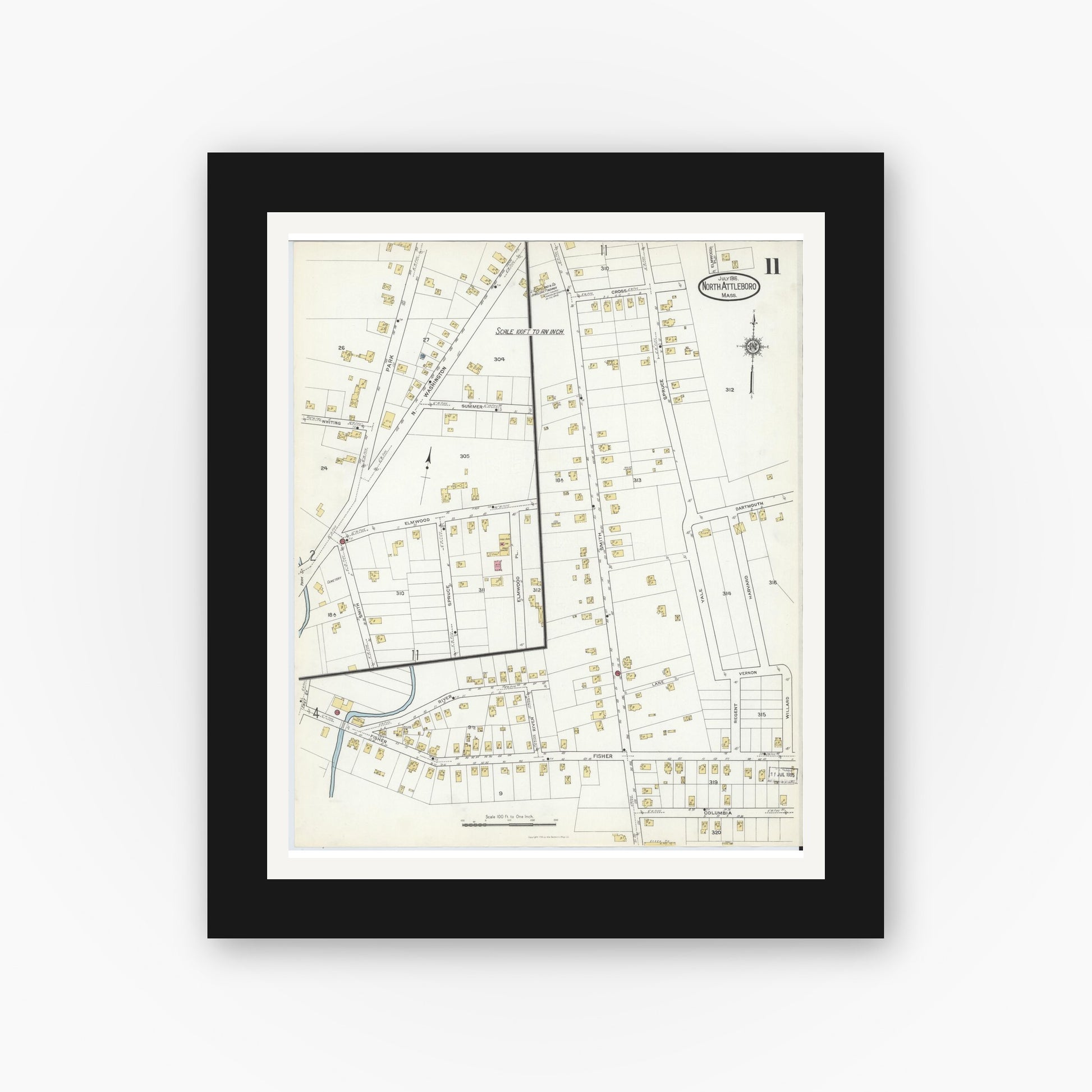 Old map wall art mockup — black gallery frame with white mat — Sanborn Fire Insurance Map from North Attleborough, Bristol County, Massachusetts (1916), Sheet #0011