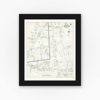 Old map wall art mockup — black gallery frame with white mat — Sanborn Fire Insurance Map from North Attleborough, Bristol County, Massachusetts (1916), Sheet #0011