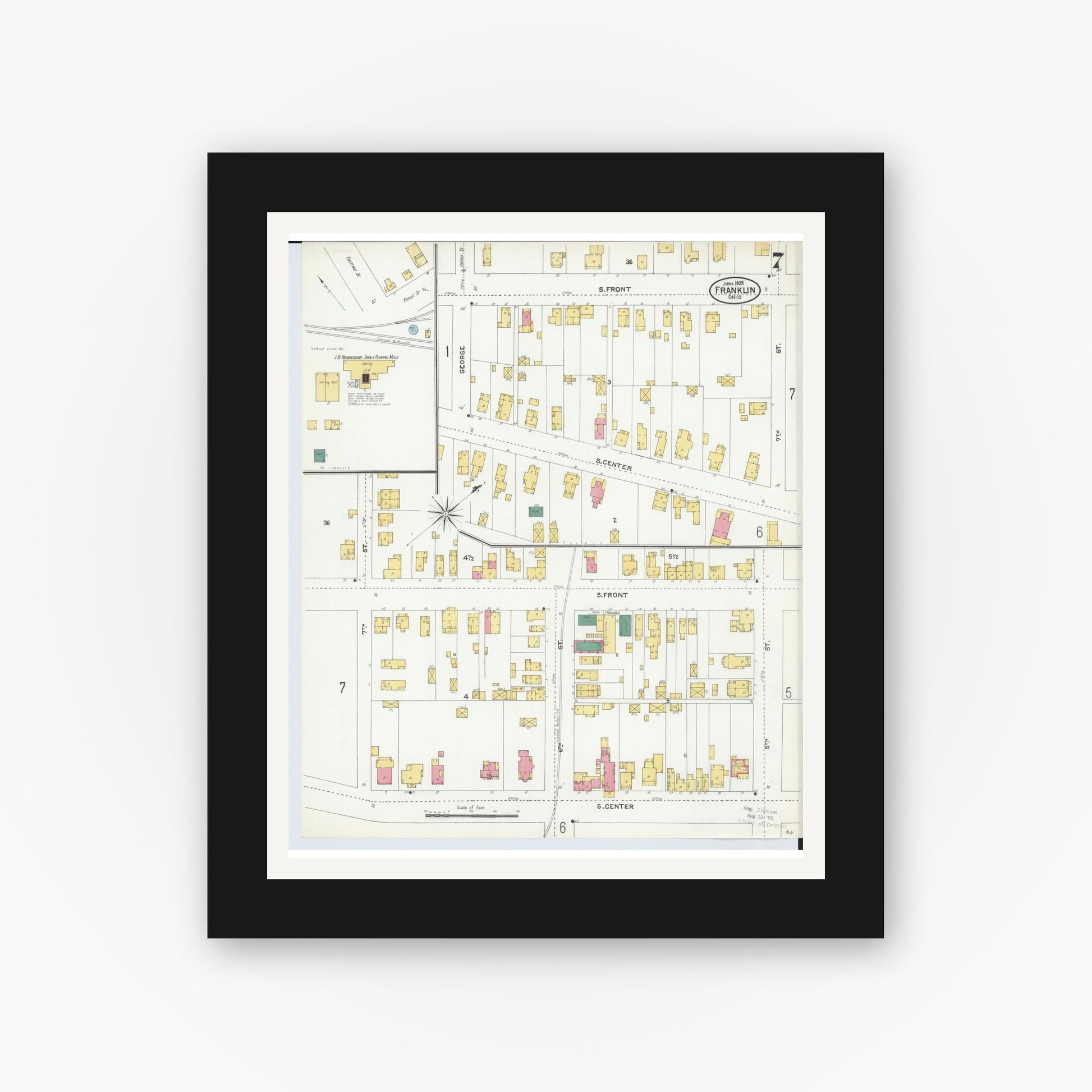 Old map wall art mockup — black gallery frame with white mat — Sanborn Fire Insurance Map from Franklin, Warren County, Ohio (1905), Sheet #0007
