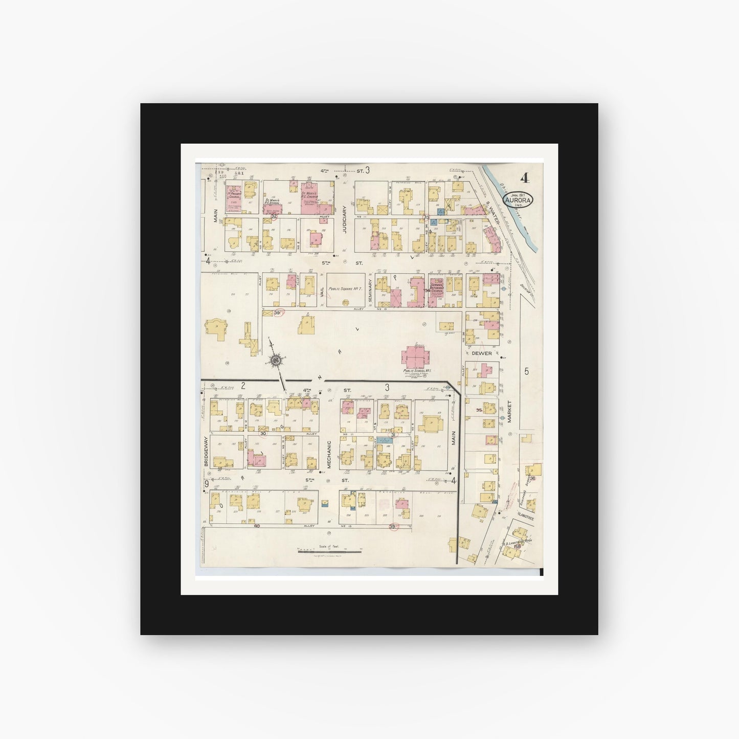 Old map wall art mockup — black gallery frame with white mat — Sanborn Fire Insurance Map from Aurora, Dearborn County, Indiana (1935), Sheet #0004