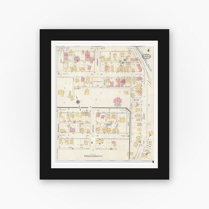 Old map wall art mockup — black gallery frame with white mat — Sanborn Fire Insurance Map from Aurora, Dearborn County, Indiana (1935), Sheet #0004