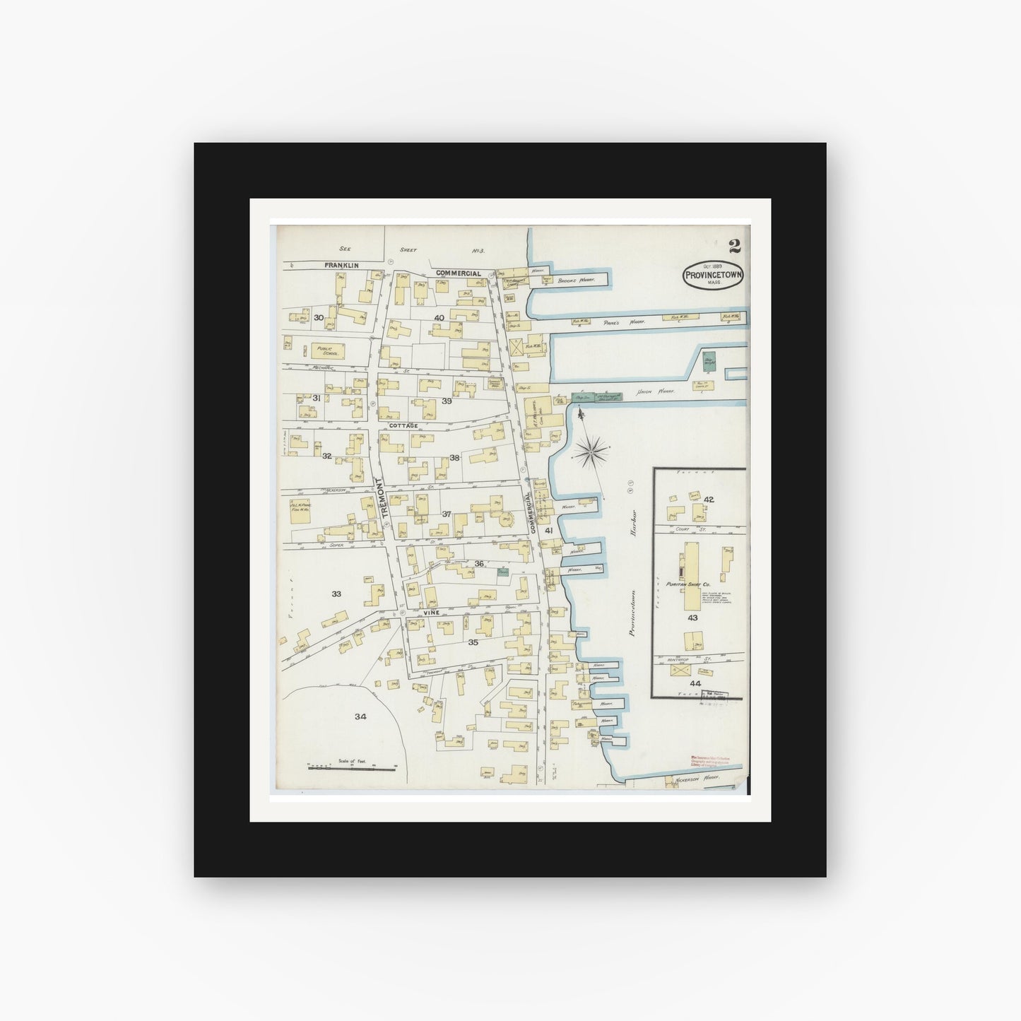 Old map wall art mockup — black gallery frame with white mat — Sanborn Fire Insurance Map from Provincetown, Barnstable County, Massachusetts (1889), Sheet #0002