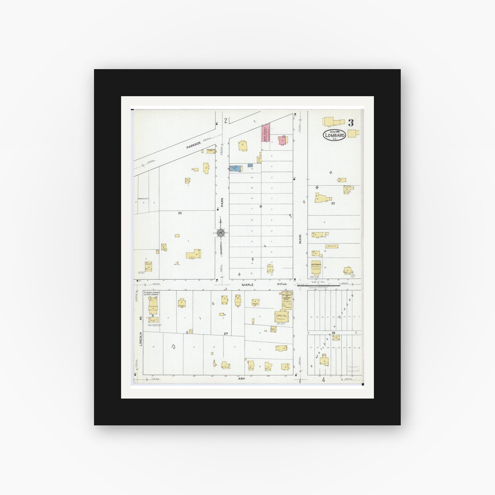 Old map wall art mockup — black gallery frame with white mat — Sanborn Fire Insurance Map from Lombard, Du Page County, Illinois (1919), Sheet #0003