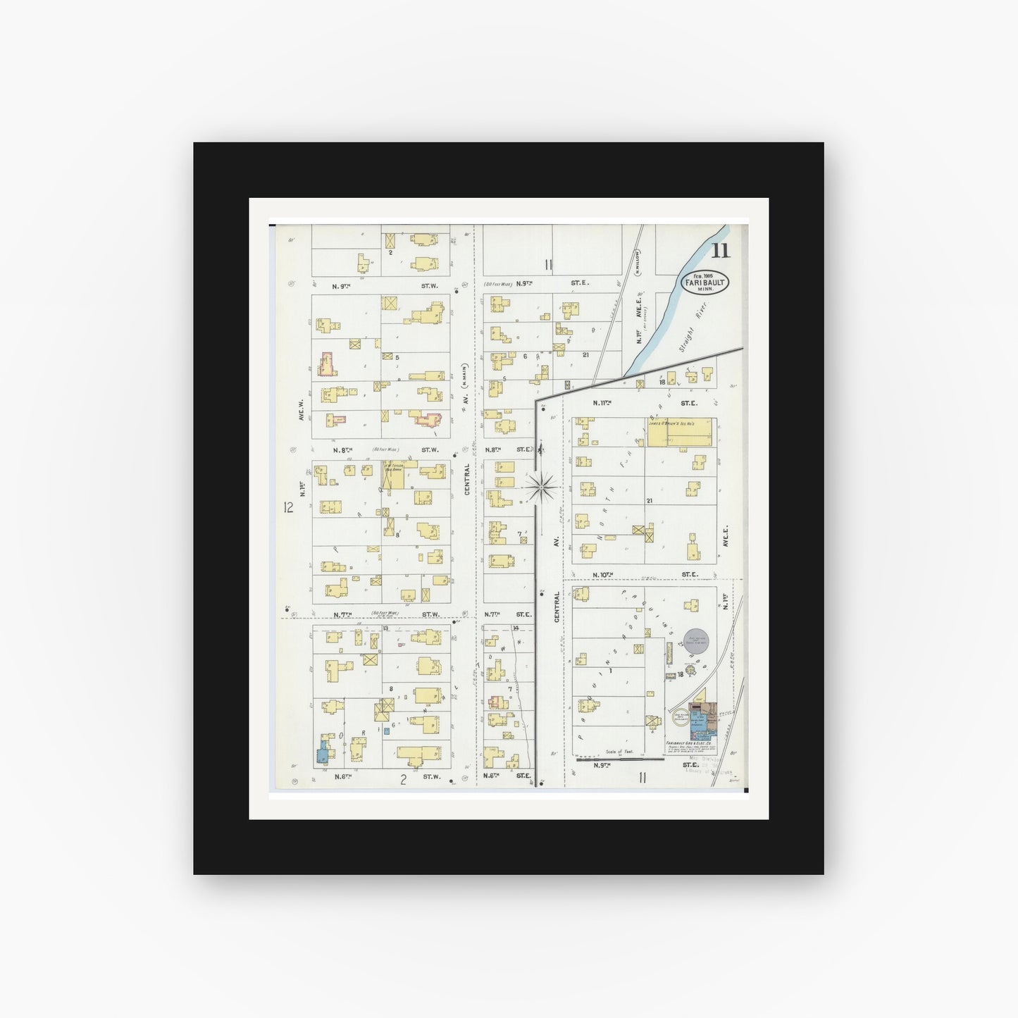 Old map wall art mockup — black gallery frame with white mat — Sanborn Fire Insurance Map from Faribault, Rice County, Minnesota (1905), Sheet #0011