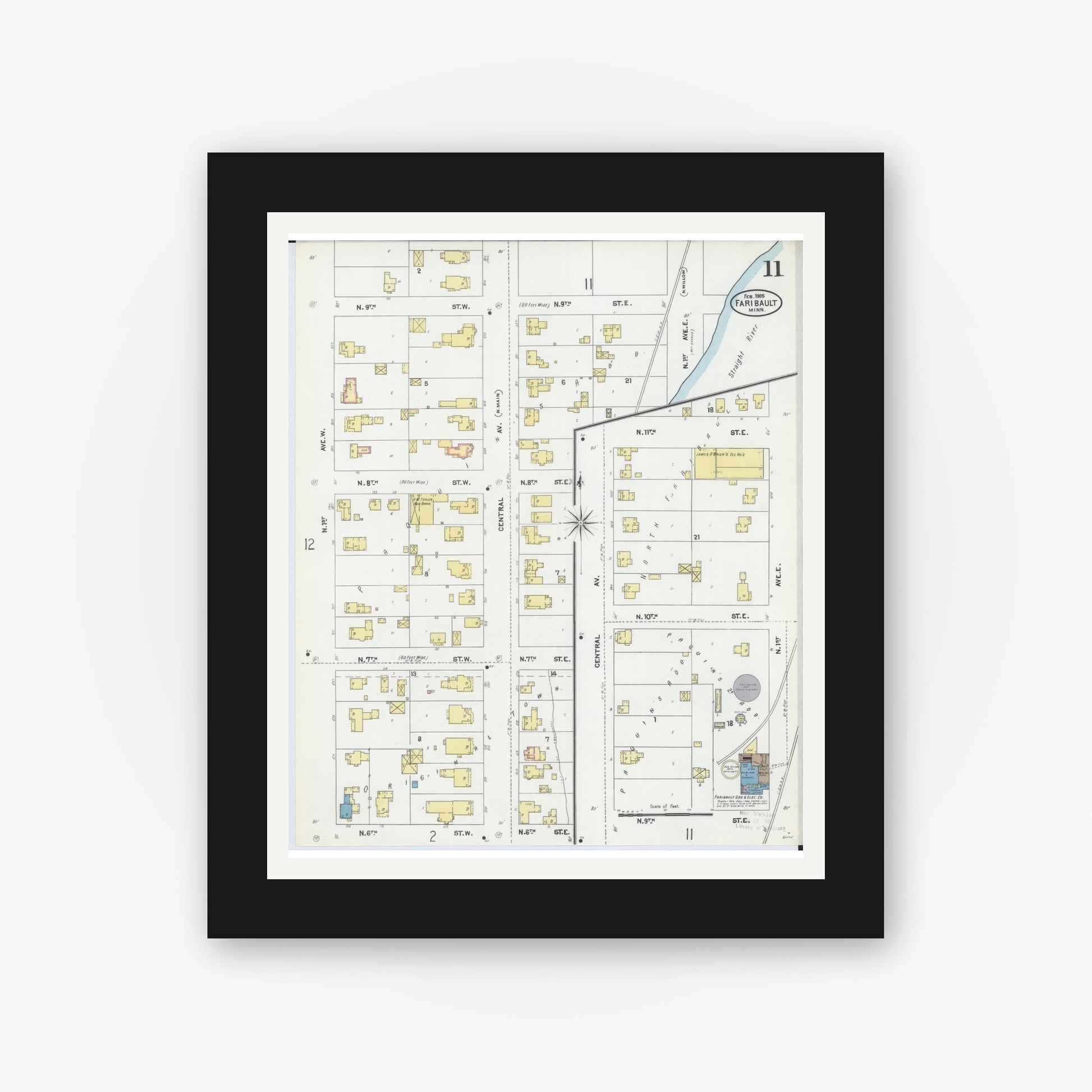Old map wall art mockup — black gallery frame with white mat — Sanborn Fire Insurance Map from Faribault, Rice County, Minnesota (1905), Sheet #0011