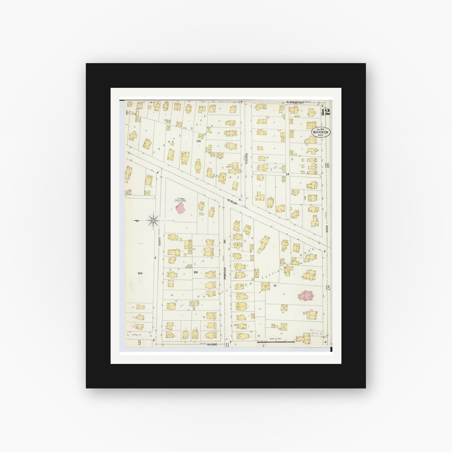 Old map wall art mockup — black gallery frame with white mat — Sanborn Fire Insurance Map from Warren, Trumbull County, Ohio (1902), Sheet #0012