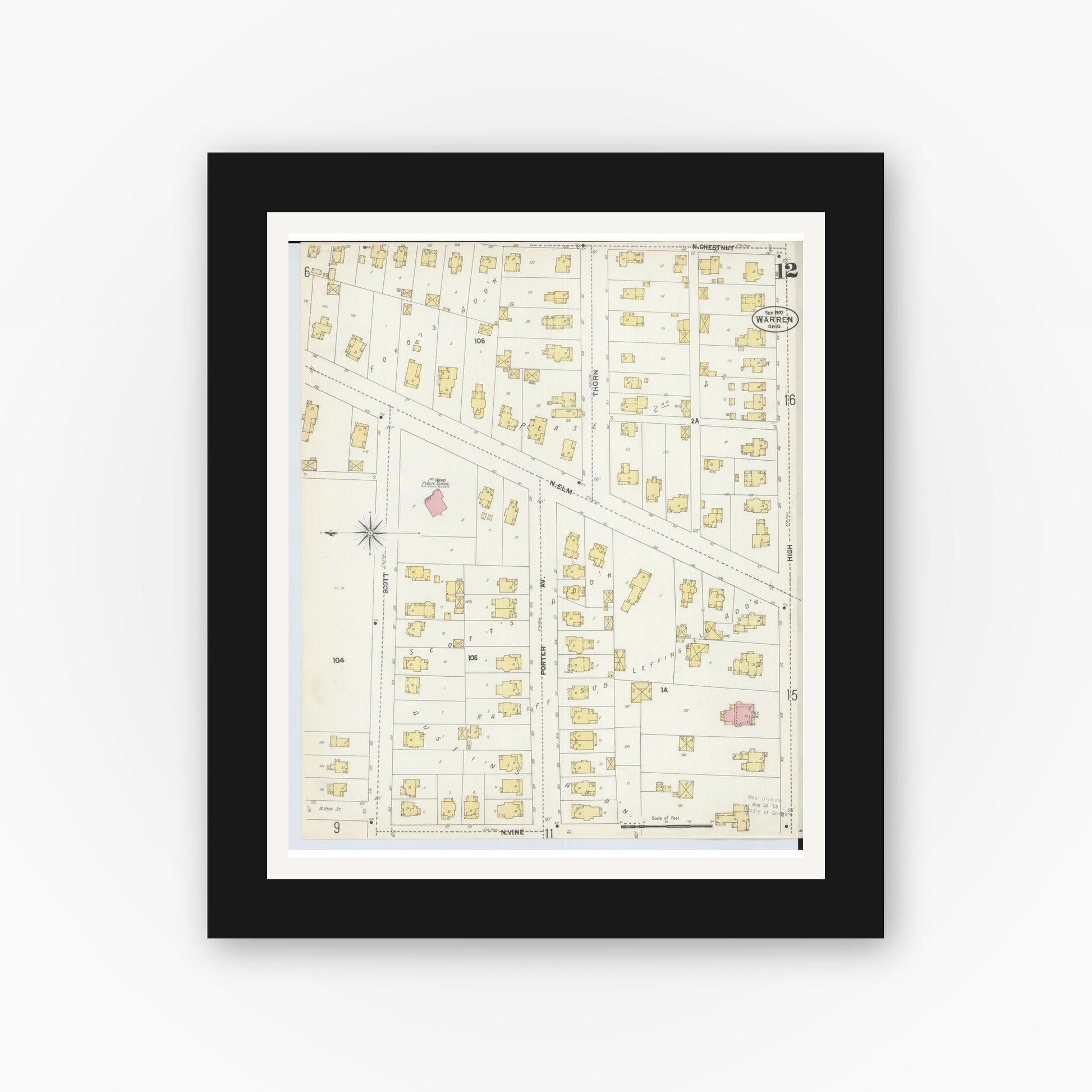 Old map wall art mockup — black gallery frame with white mat — Sanborn Fire Insurance Map from Warren, Trumbull County, Ohio (1902), Sheet #0012