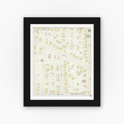 Old map wall art mockup — black gallery frame with white mat — Sanborn Fire Insurance Map from Warren, Trumbull County, Ohio (1902), Sheet #0012