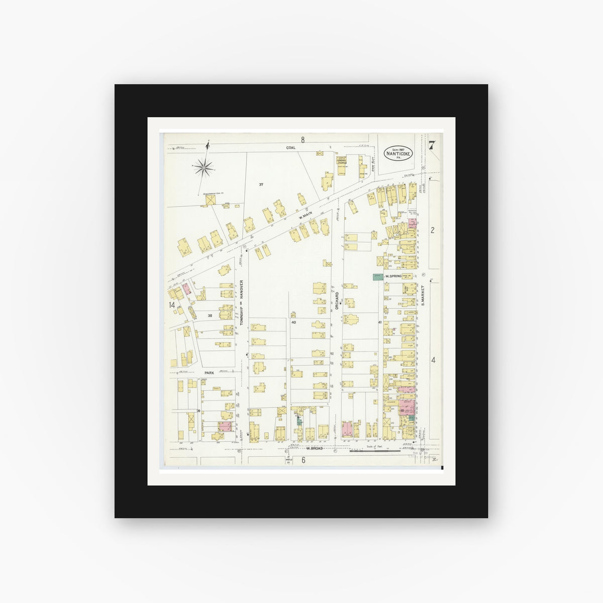 Old map wall art mockup — black gallery frame with white mat — Sanborn Fire Insurance Map from Nanticoke, Luzerne County, Pennsylvania (1907), Sheet #0007