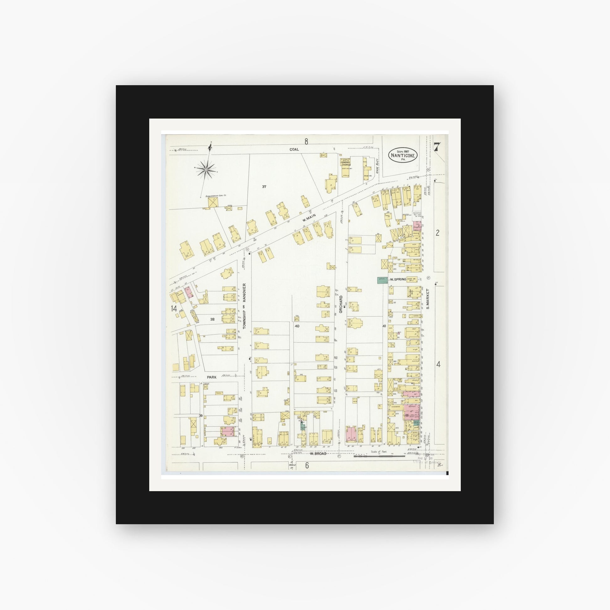 Old map wall art mockup — black gallery frame with white mat — Sanborn Fire Insurance Map from Nanticoke, Luzerne County, Pennsylvania (1907), Sheet #0007