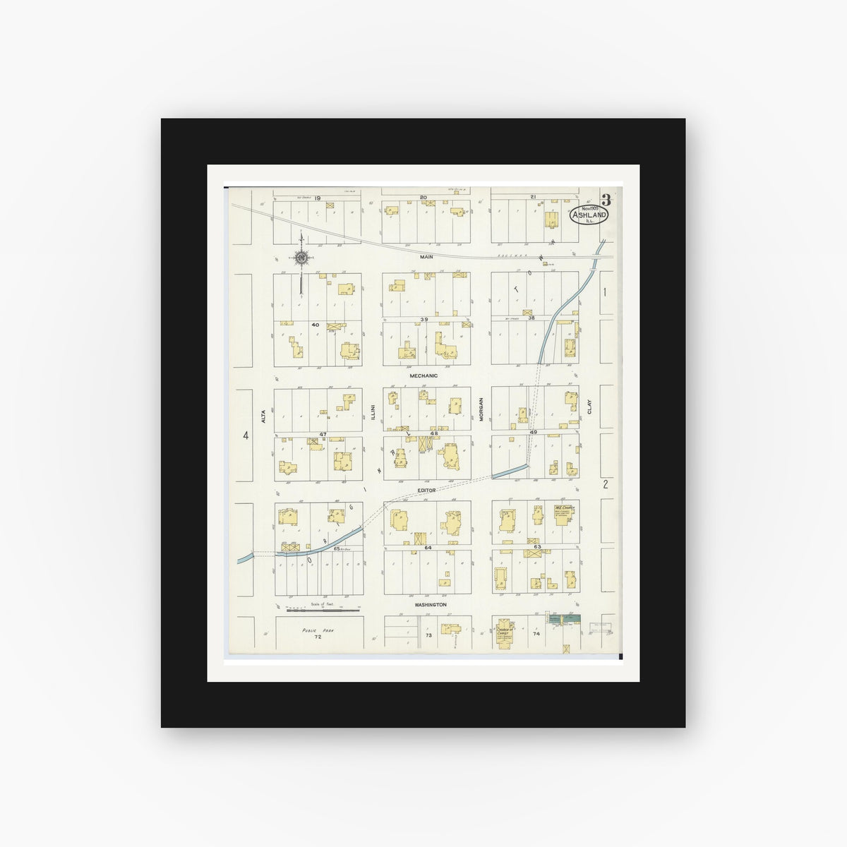 Old map wall art mockup — black gallery frame with white mat — Sanborn Fire Insurance Map from Ashland, Cass County, Illinois (1909), Sheet #0003
