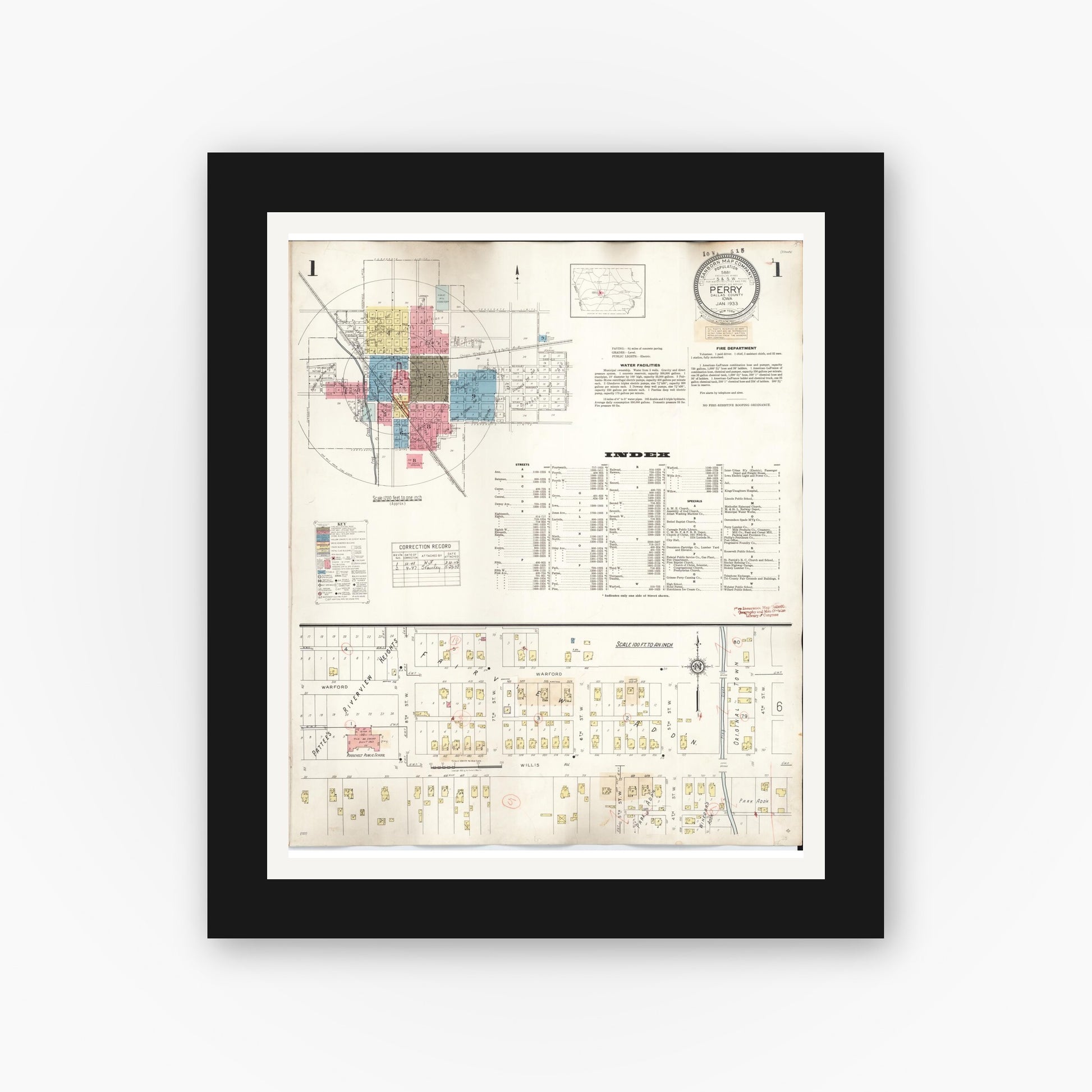 Old map wall art mockup — black gallery frame with white mat — Sanborn Fire Insurance Map from Perry, Dallas County, Iowa (1947) â€” Complete Set