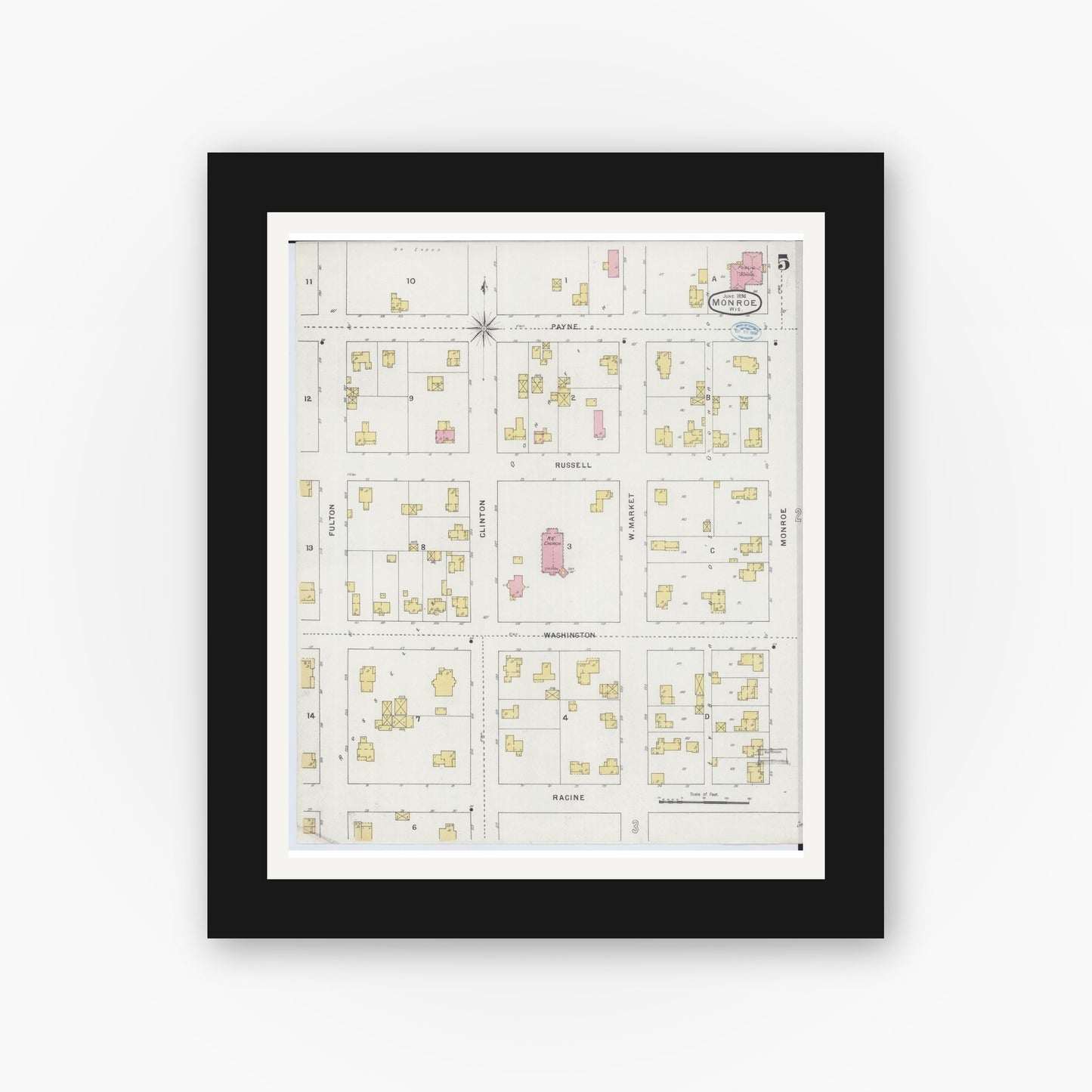 Old map wall art mockup — black gallery frame with white mat — Sanborn Fire Insurance Map from Monroe, Green County, Wisconsin (1894), Sheet #0005