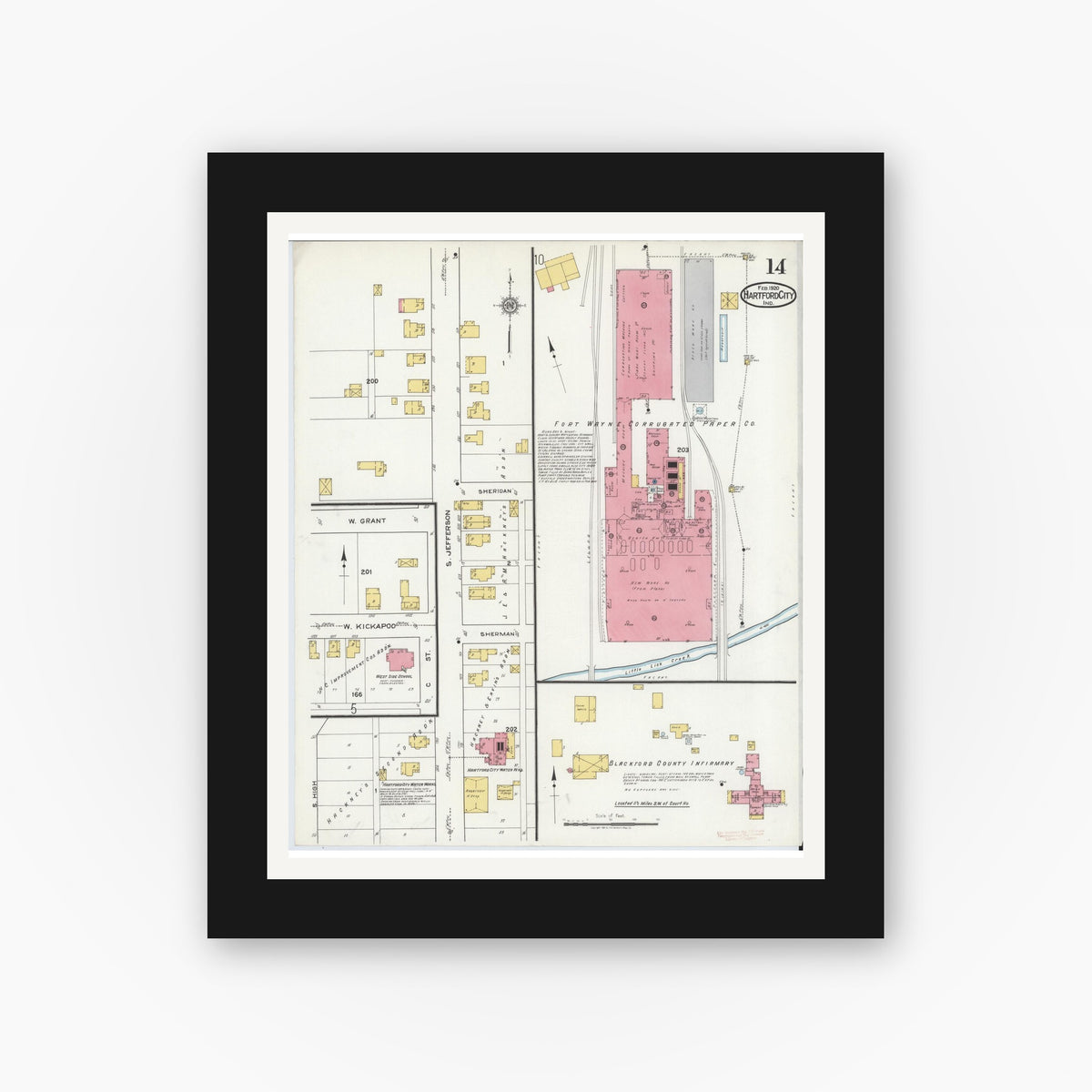 Old map wall art mockup — black gallery frame with white mat — Sanborn Fire Insurance Map from Hartford City, Blackford County, Indiana (1920), Sheet #0014