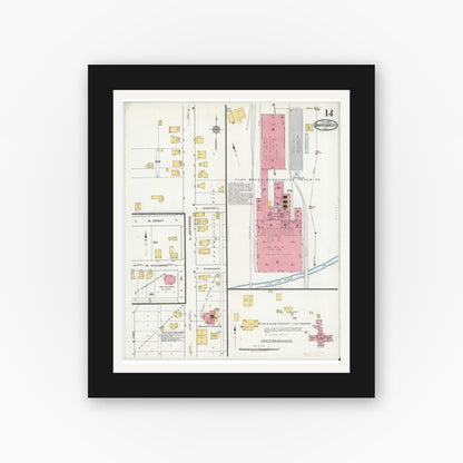 Old map wall art mockup — black gallery frame with white mat — Sanborn Fire Insurance Map from Hartford City, Blackford County, Indiana (1920), Sheet #0014