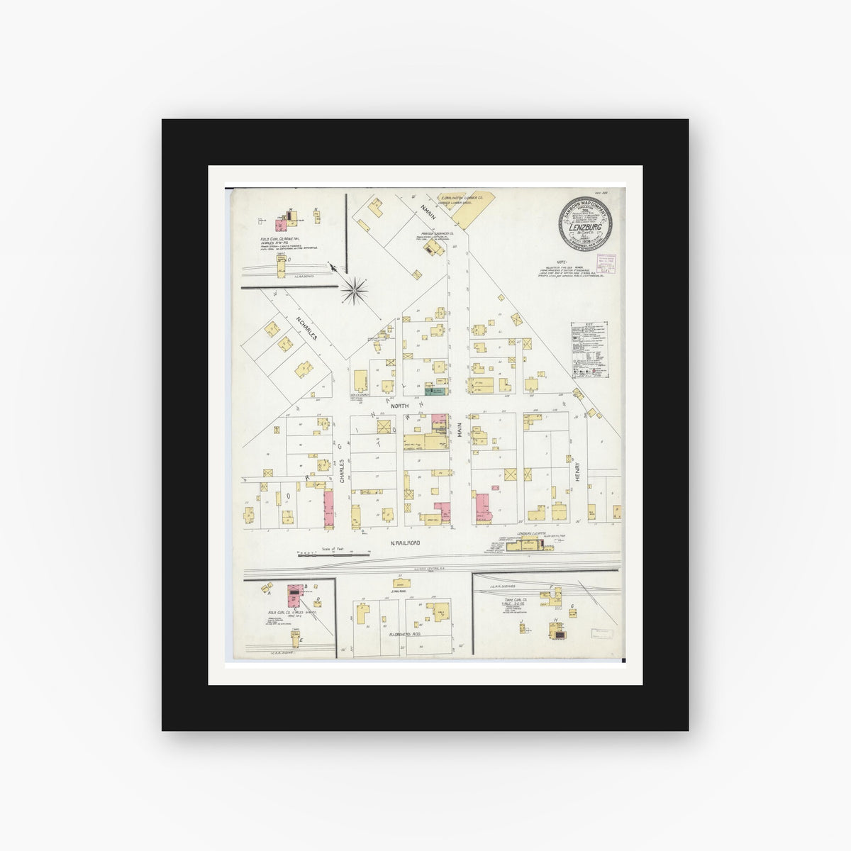Old map wall art mockup — black gallery frame with white mat — Sanborn Fire Insurance Map from Lenzburg, Saint Clair County, Illinois (1906), Sheet #0001