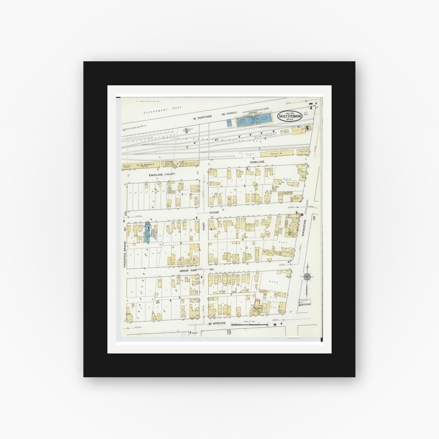 Old map wall art mockup — black gallery frame with white mat — Sanborn Fire Insurance Map from Sault Sainte Marie, Chippewa County, Michigan (1915), Sheet #0007
