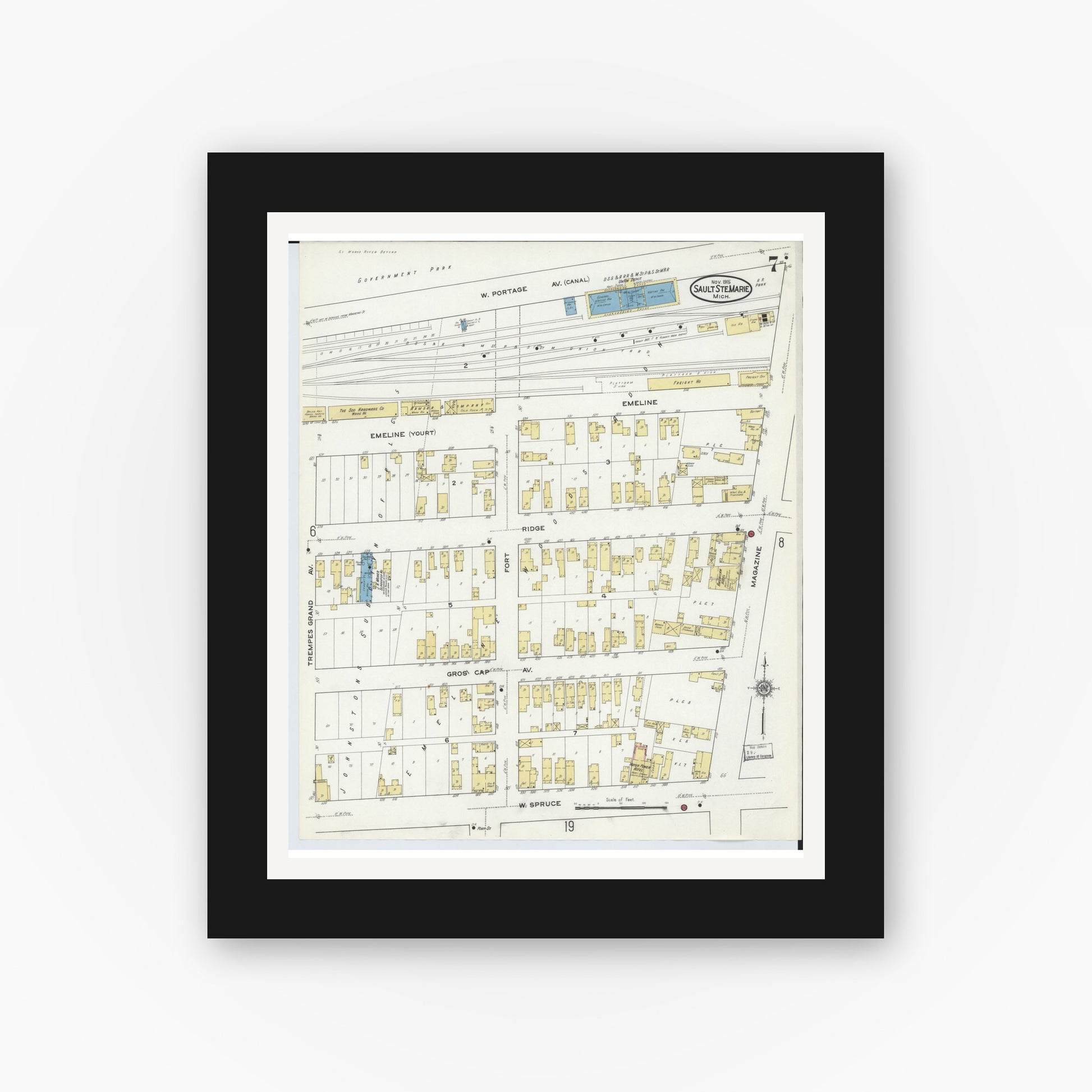 Old map wall art mockup — black gallery frame with white mat — Sanborn Fire Insurance Map from Sault Sainte Marie, Chippewa County, Michigan (1915), Sheet #0007