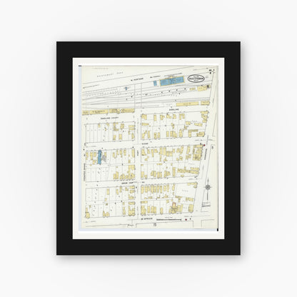 Old map wall art mockup — black gallery frame with white mat — Sanborn Fire Insurance Map from Sault Sainte Marie, Chippewa County, Michigan (1915), Sheet #0007