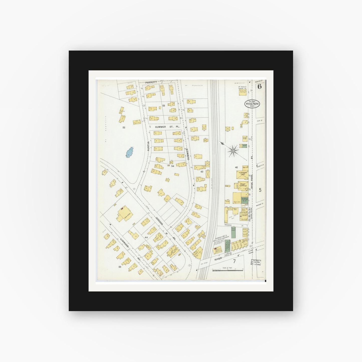 Old map wall art mockup — black gallery frame with white mat — Sanborn Fire Insurance Map from Hyde Park, Norfolk County, Massachusetts (1900), Sheet #0006