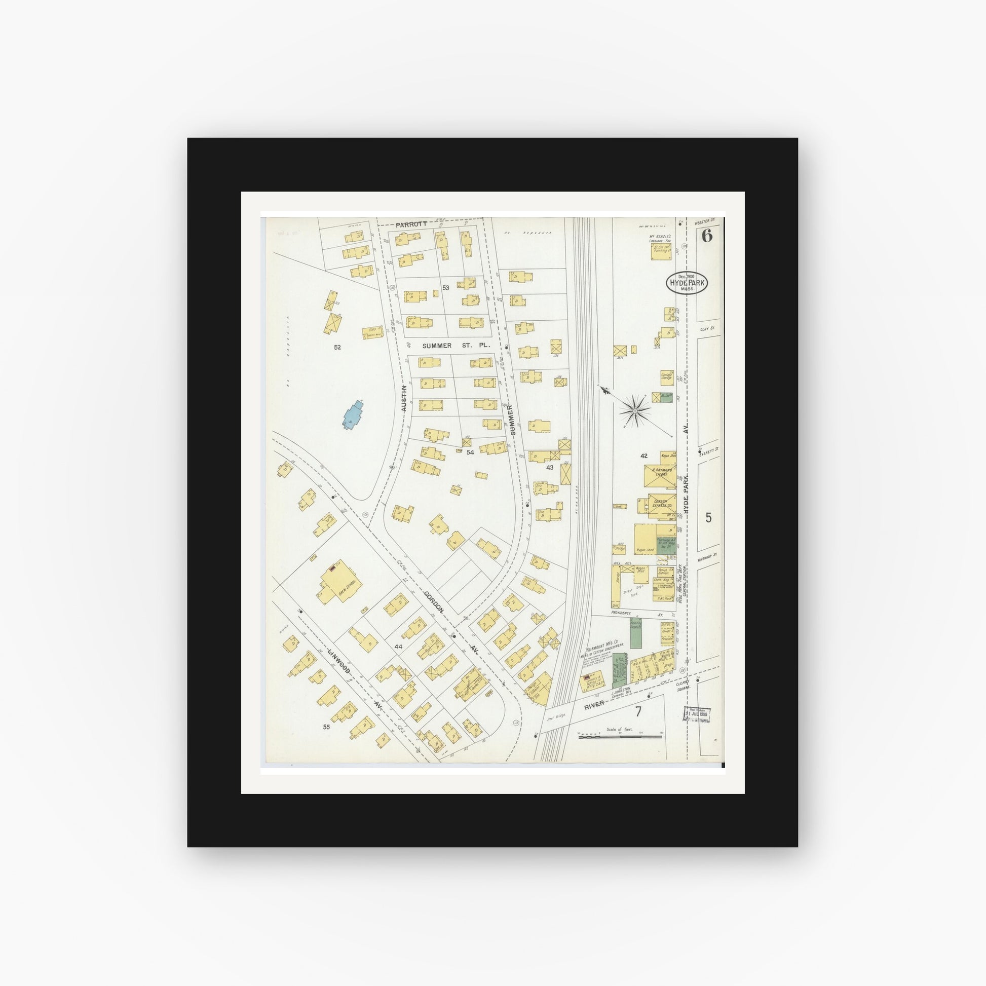 Old map wall art mockup — black gallery frame with white mat — Sanborn Fire Insurance Map from Hyde Park, Norfolk County, Massachusetts (1900), Sheet #0006