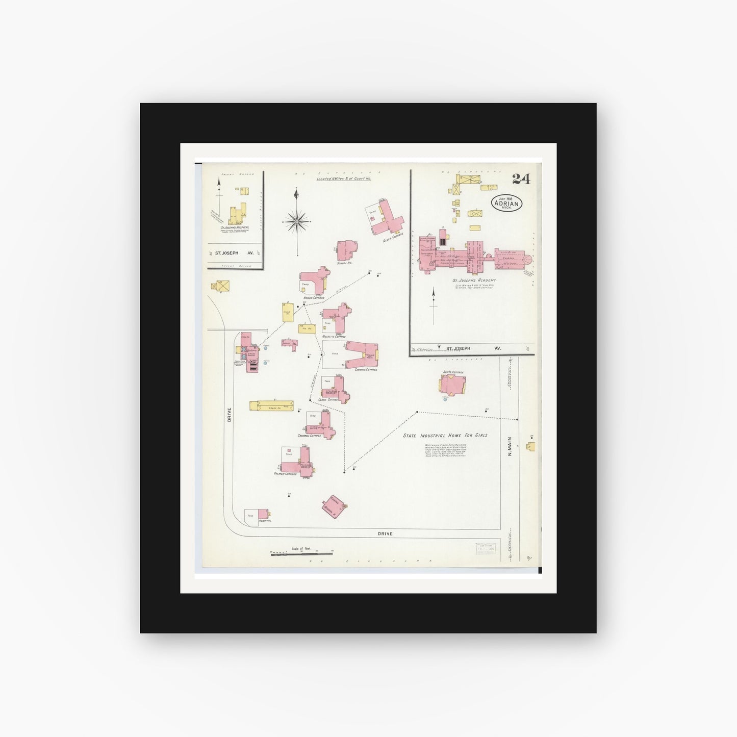 Old map wall art mockup — black gallery frame with white mat — Sanborn Fire Insurance Map from Adrian, Lenawee County, Michigan (1908), Sheet #0024