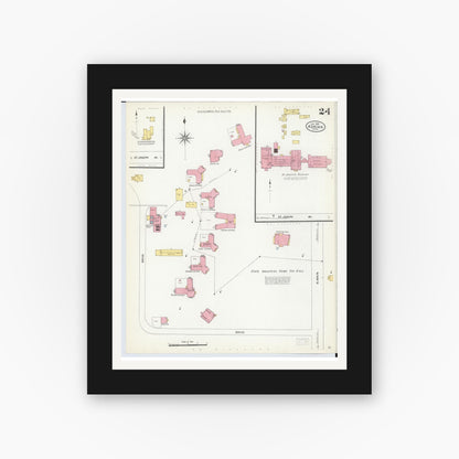 Old map wall art mockup — black gallery frame with white mat — Sanborn Fire Insurance Map from Adrian, Lenawee County, Michigan (1908), Sheet #0024