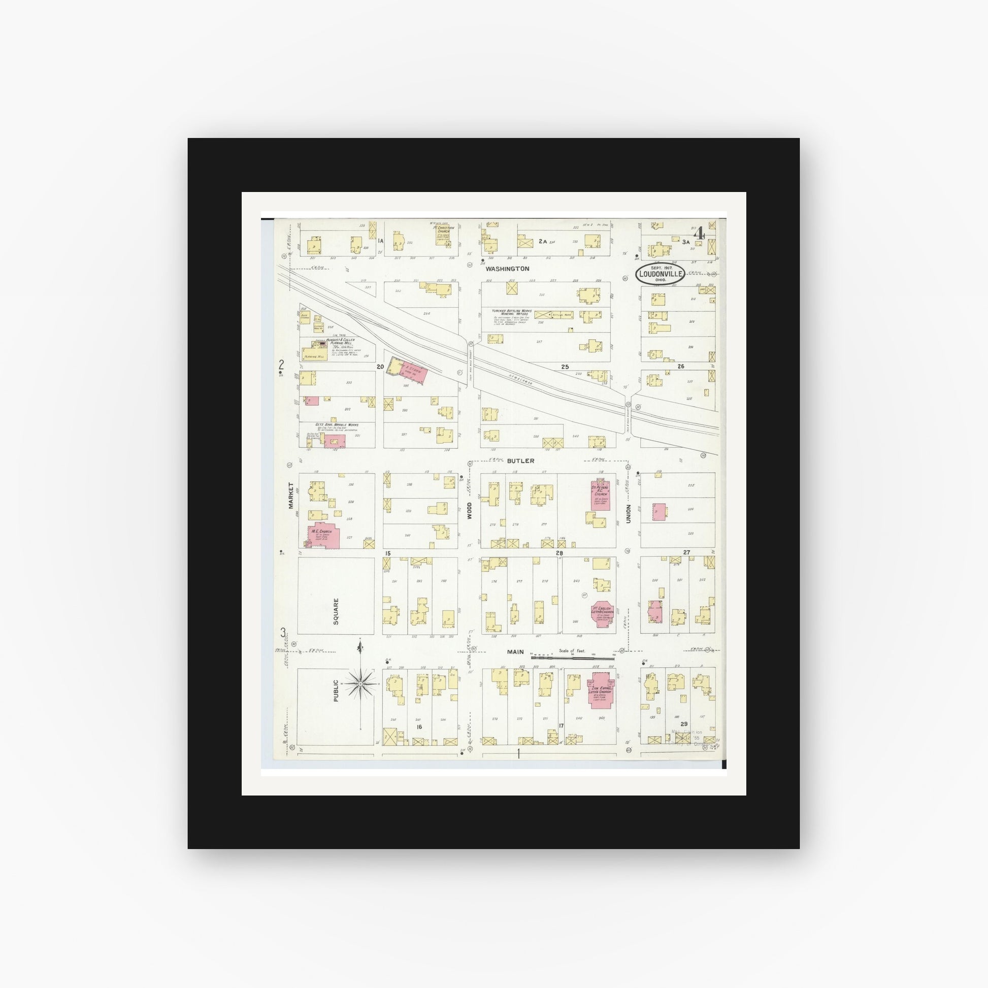 Old map wall art mockup — black gallery frame with white mat — Sanborn Fire Insurance Map from Loudonville, Ashland County, Ohio (1907), Sheet #0004