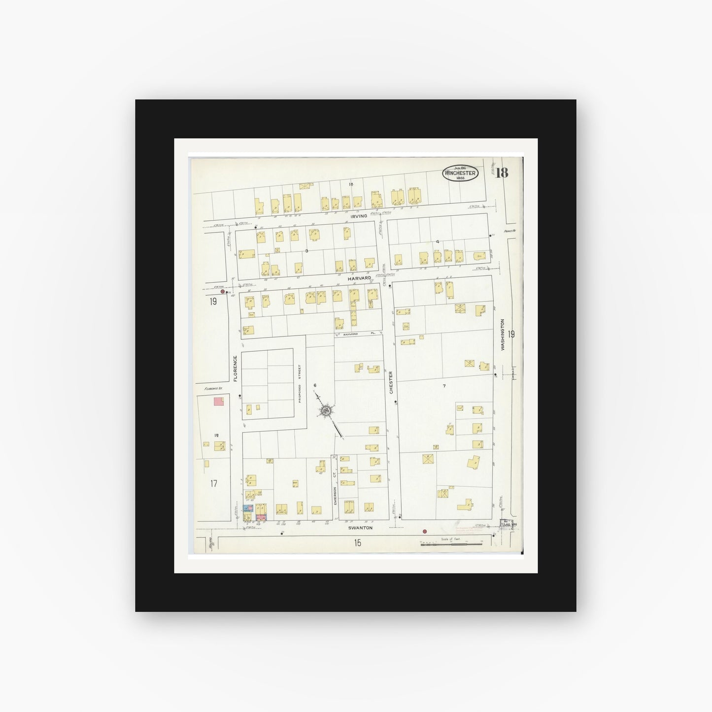 Old map wall art mockup — black gallery frame with white mat — Sanborn Fire Insurance Map from Winchester, Middlesex County, Massachusetts (1916), Sheet #0018