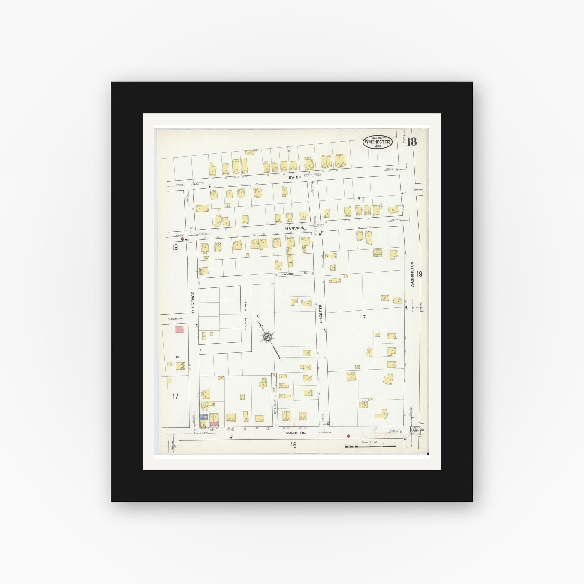 Old map wall art mockup — black gallery frame with white mat — Sanborn Fire Insurance Map from Winchester, Middlesex County, Massachusetts (1916), Sheet #0018