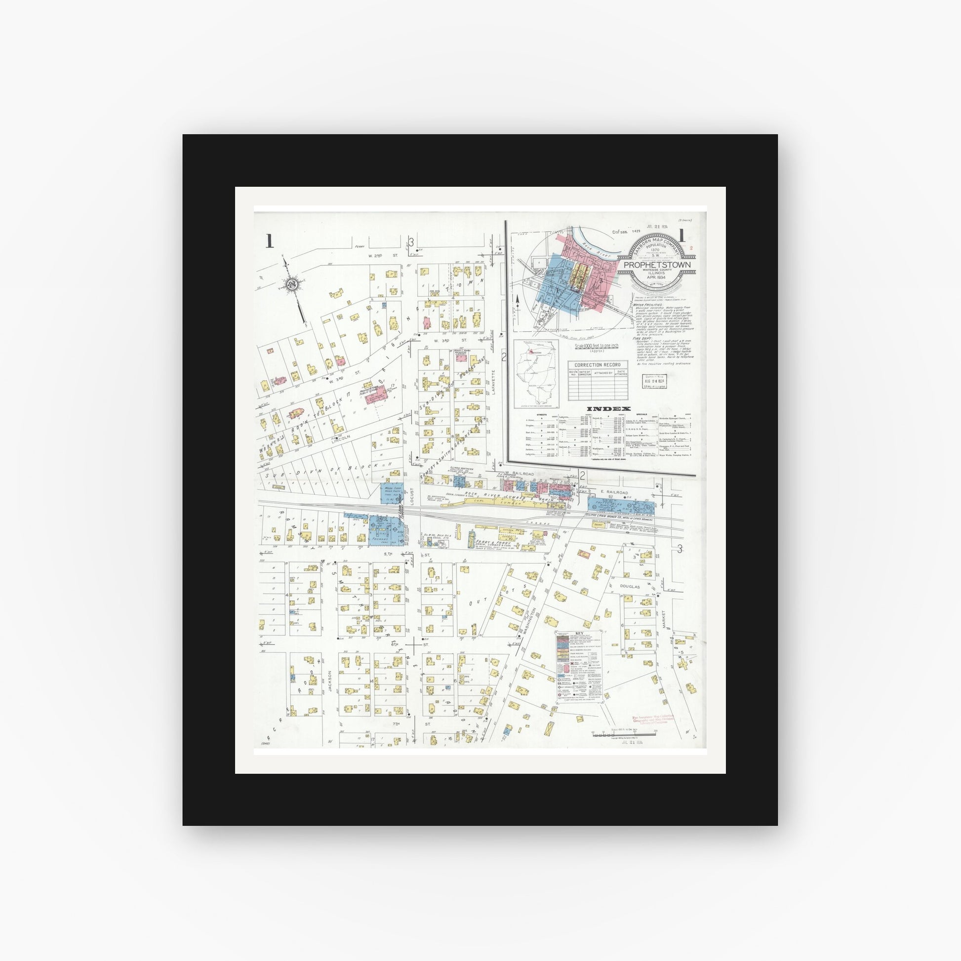 Old map wall art mockup — black gallery frame with white mat — Sanborn Fire Insurance Map from Prophetstown, Whiteside County, Illinois (1934) - Complete Map Set