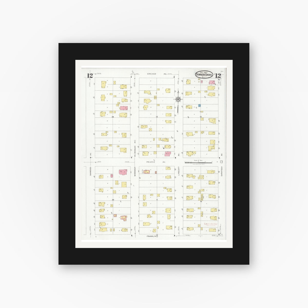 Old map wall art mockup — black gallery frame with white mat — Sanborn Fire Insurance Map from Downers Grove, Dupage County, Illinois (1927), Sheet #0012