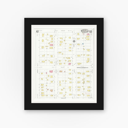 Old map wall art mockup — black gallery frame with white mat — Sanborn Fire Insurance Map from Downers Grove, Dupage County, Illinois (1927), Sheet #0012