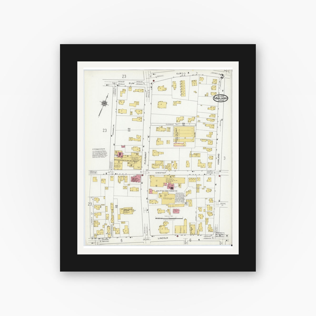 Old map wall art mockup — black gallery frame with white mat — Sanborn Fire Insurance Map from Marlborough, Middlesex County, Massachusetts (1920), Sheet #0002