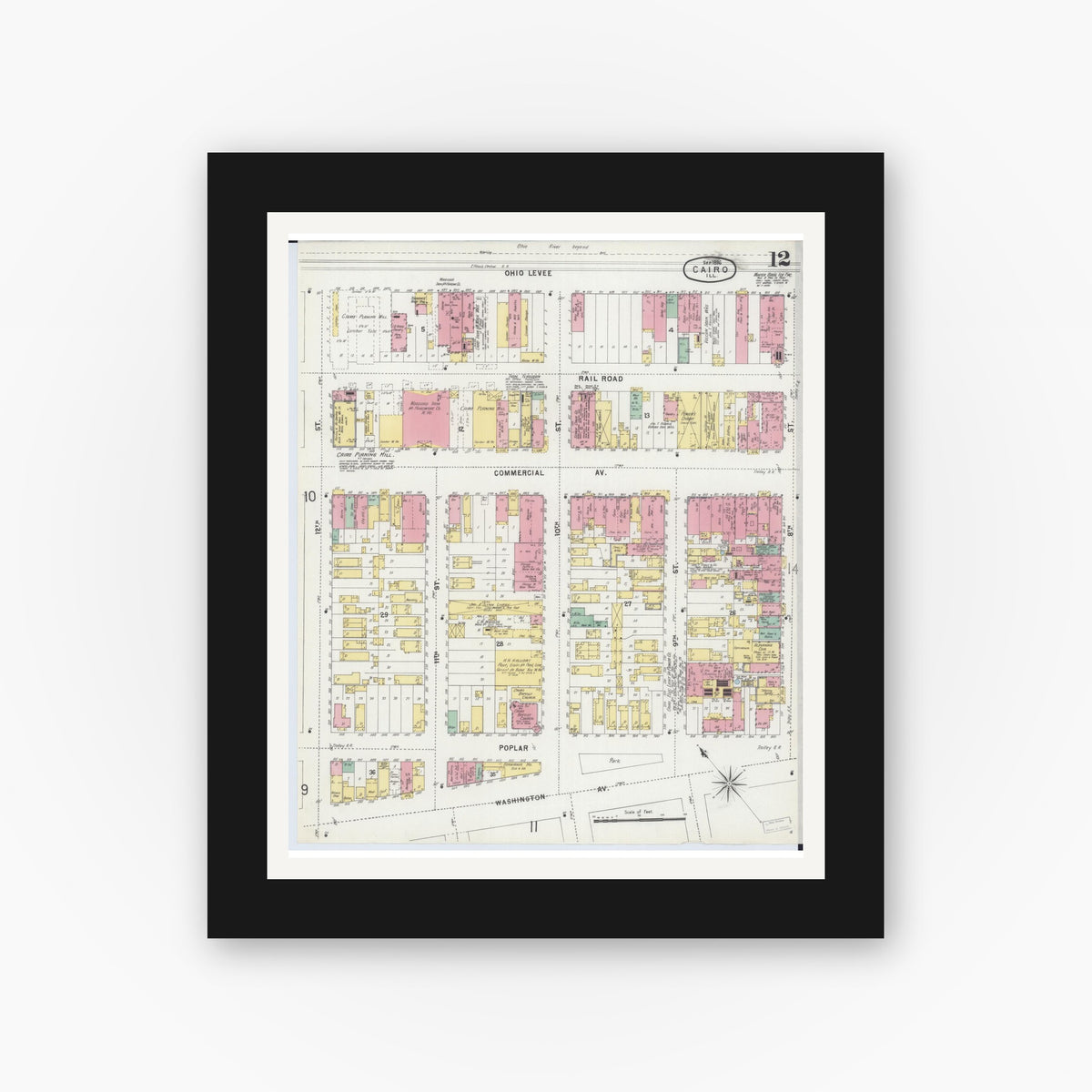 Old map wall art mockup — black gallery frame with white mat — Sanborn Fire Insurance Map from Cairo, Alexander County, Illinois (1896), Sheet #0012