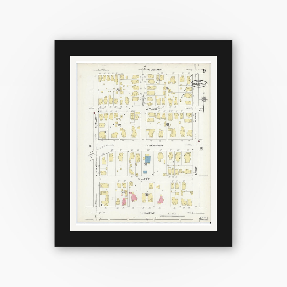 Old map wall art mockup — black gallery frame with white mat — Sanborn Fire Insurance Map from Shelbyville, Shelby County, Indiana (1916), Sheet #0009
