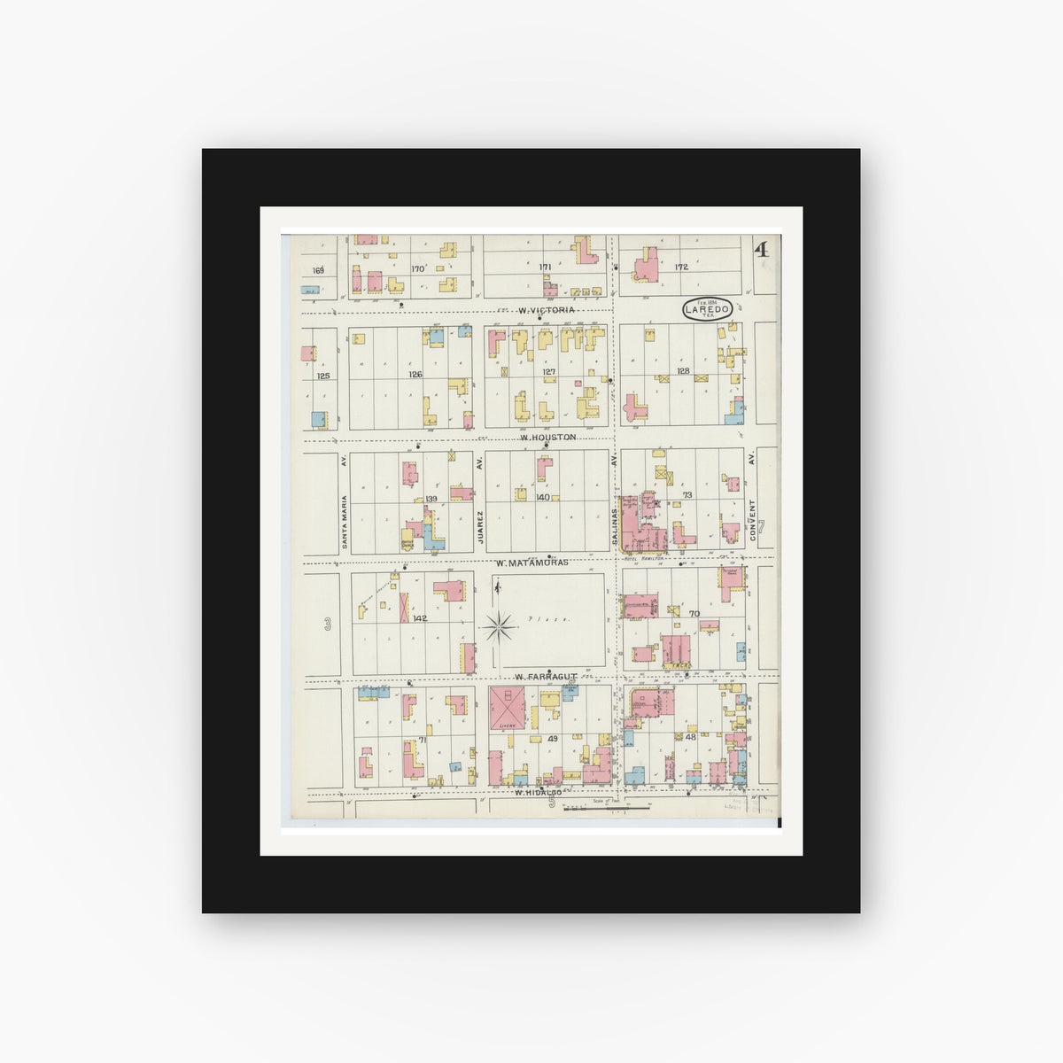 Old map wall art mockup — black gallery frame with white mat — Sanborn Fire Insurance Map from Laredo, Webb County, Texas (1894), Sheet #0004