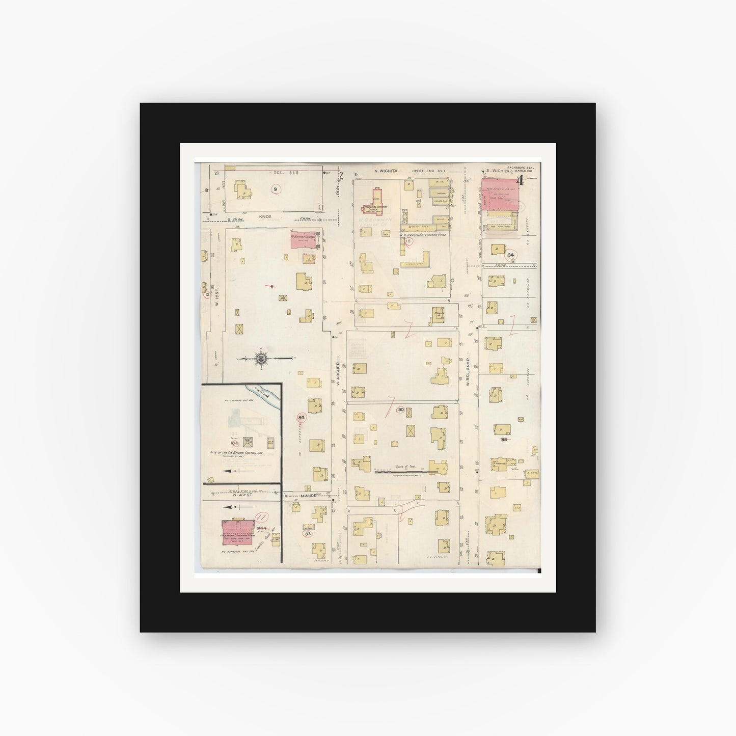 Old map wall art mockup — black gallery frame with white mat — Sanborn Fire Insurance Map from Jacksboro, Jack County, Texas (1942), Sheet #0004