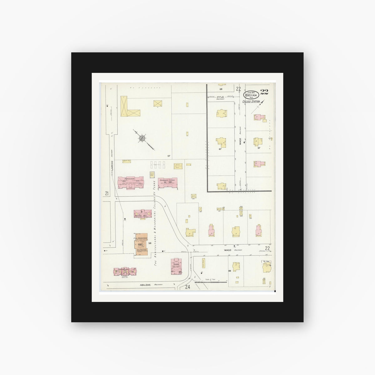 Old map wall art mockup — black gallery frame with white mat — Sanborn Fire Insurance Map from Bryan, Brazos County, Texas (1912), Sheet #0022