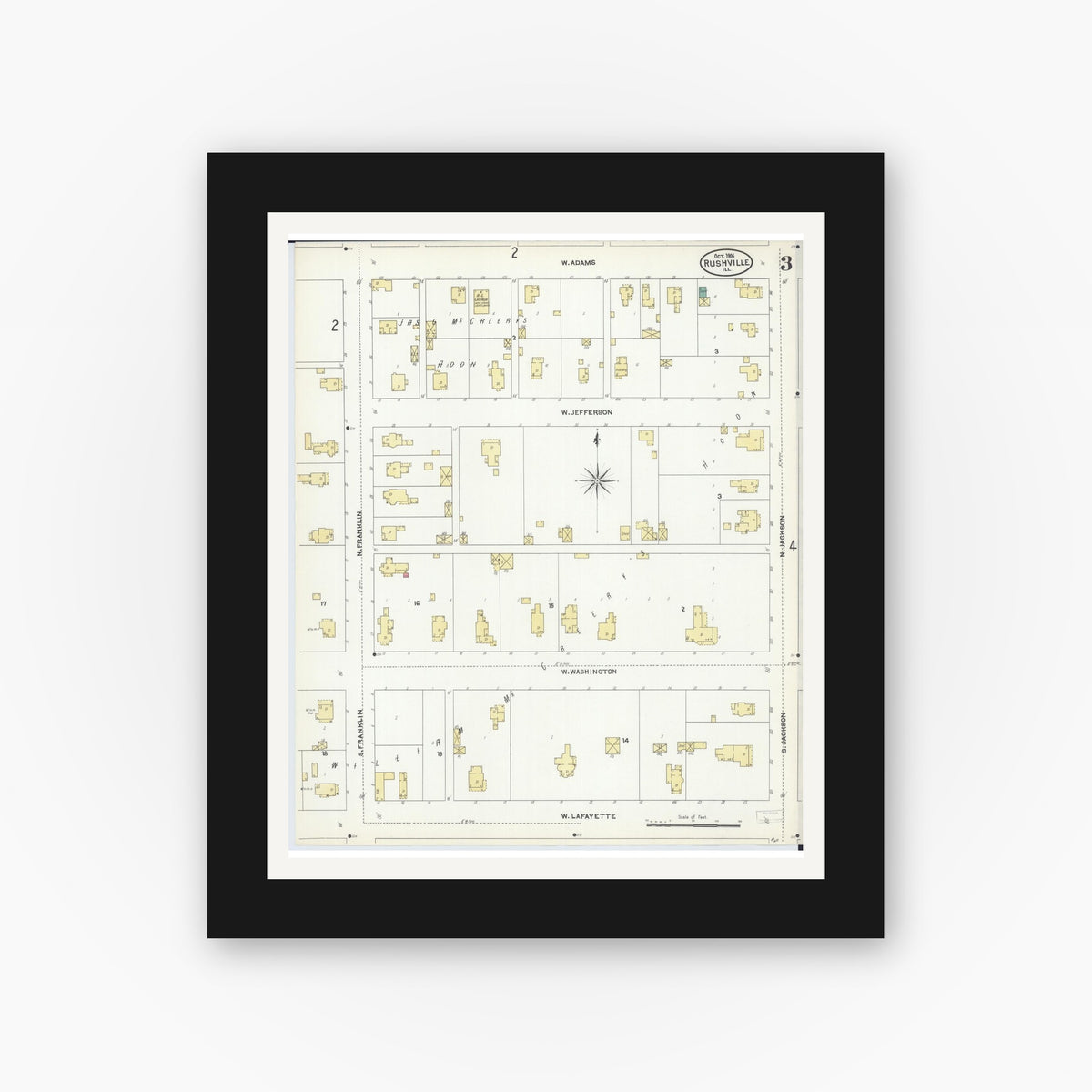 Old map wall art mockup — black gallery frame with white mat — Sanborn Fire Insurance Map from Rushville, Schuyler County, Illinois (1906), Sheet #0003
