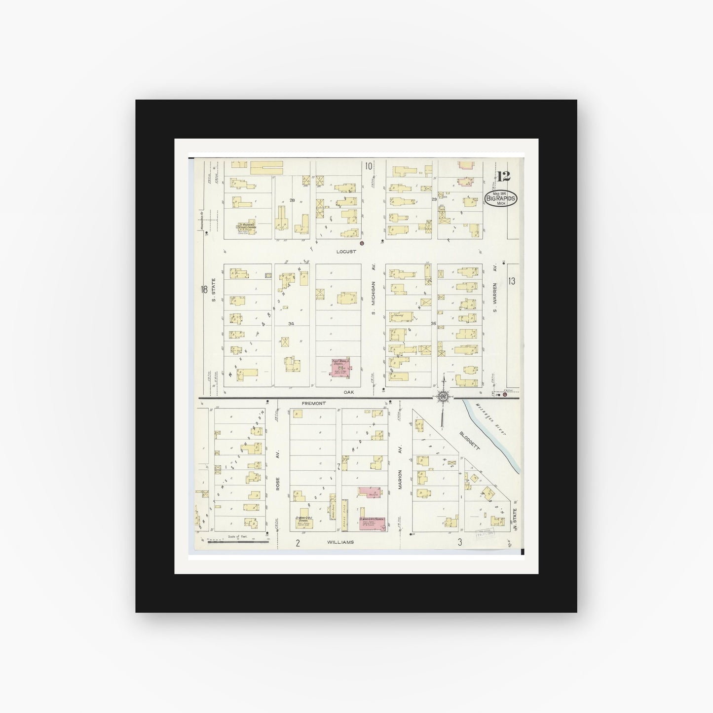 Old map wall art mockup — black gallery frame with white mat — Sanborn Fire Insurance Map from Big Rapids, Mecosta County, Michigan (1914), Sheet #0012