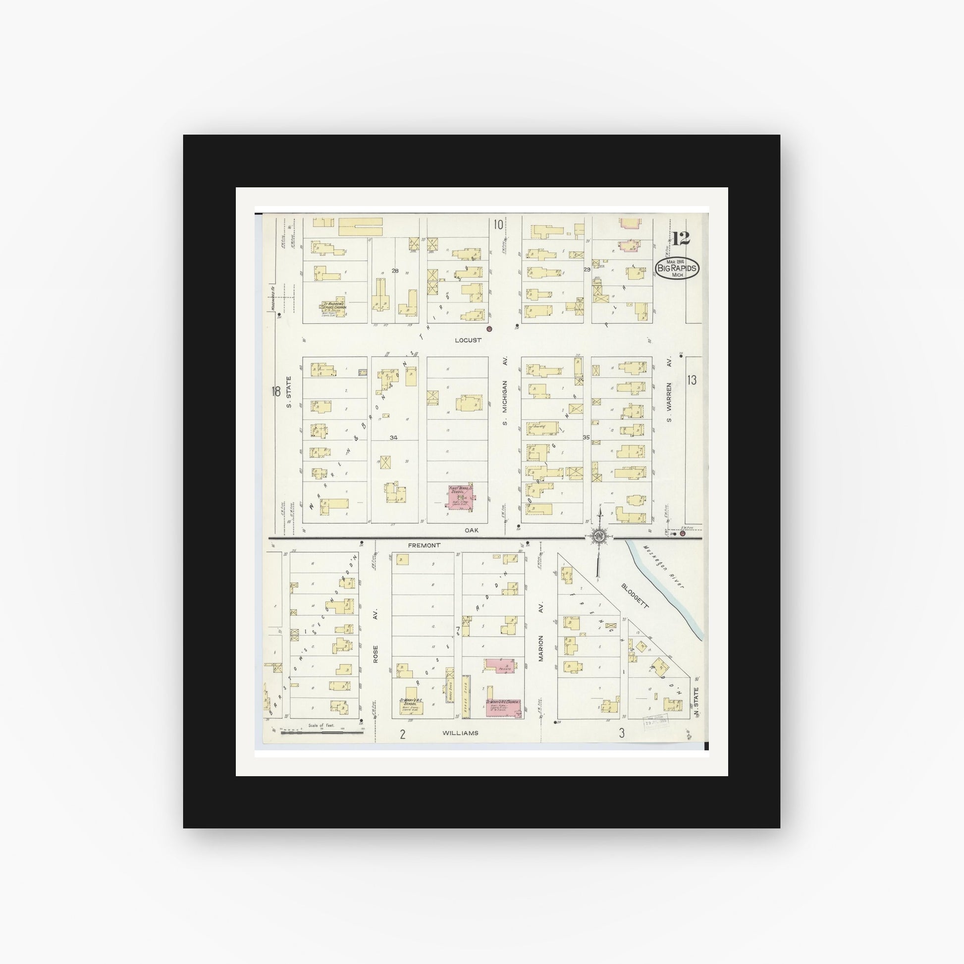 Old map wall art mockup — black gallery frame with white mat — Sanborn Fire Insurance Map from Big Rapids, Mecosta County, Michigan (1914), Sheet #0012