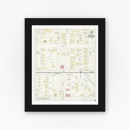 Old map wall art mockup — black gallery frame with white mat — Sanborn Fire Insurance Map from Big Rapids, Mecosta County, Michigan (1914), Sheet #0012