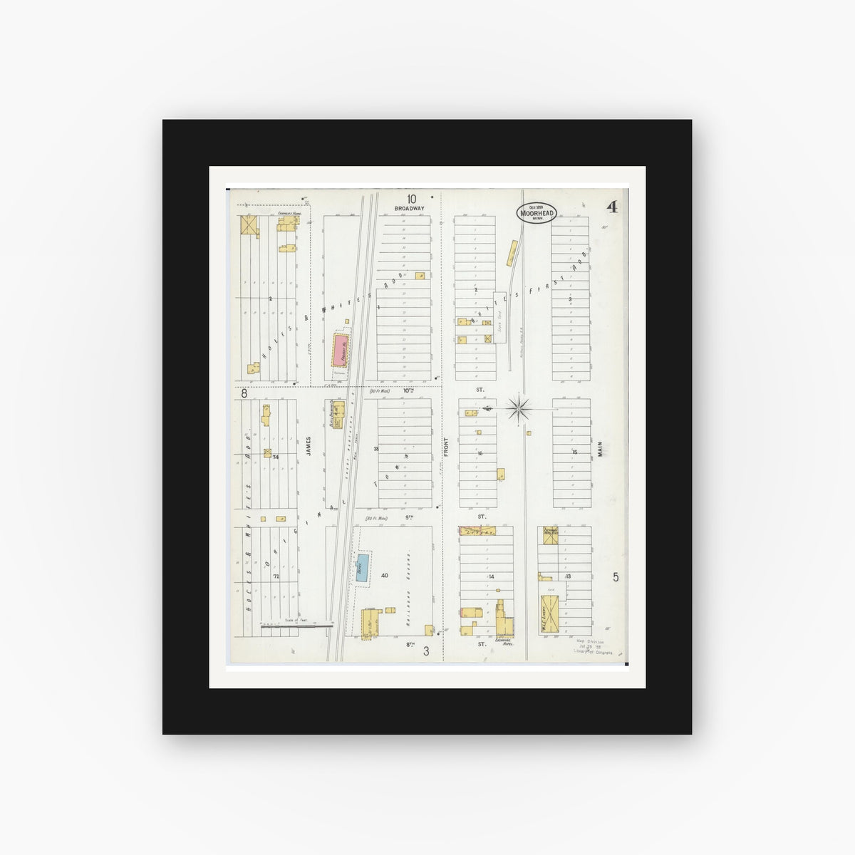 Old map wall art mockup — black gallery frame with white mat — Sanborn Fire Insurance Map from Moorhead, Clay County, Minnesota (1899), Sheet #0004