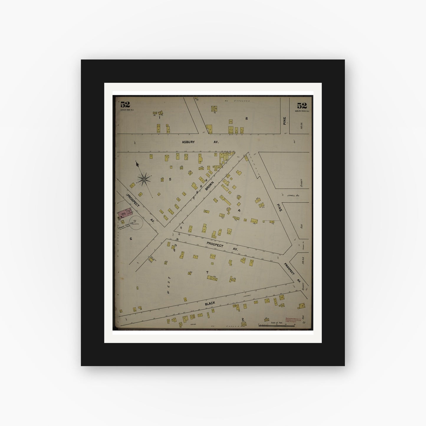 Old map wall art mockup — black gallery frame with white mat — Sanborn Fire Insurance Map from New Jersey Coast, New Jersey Coast, New Jersey (1890), Sheet #0052